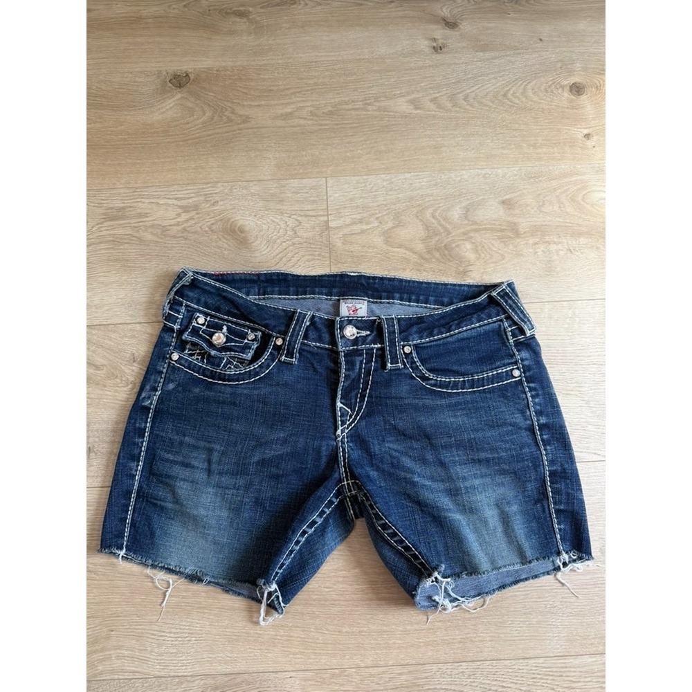 Womens Y2K True Religion Disco Joey Big T Jean Shorts USA made rhinestones sz 29